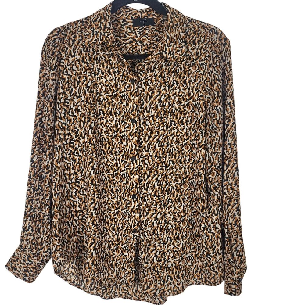 Tahari‎ Button Front Blouse S Womens Black Brown Long Sleeve Light Weight Top